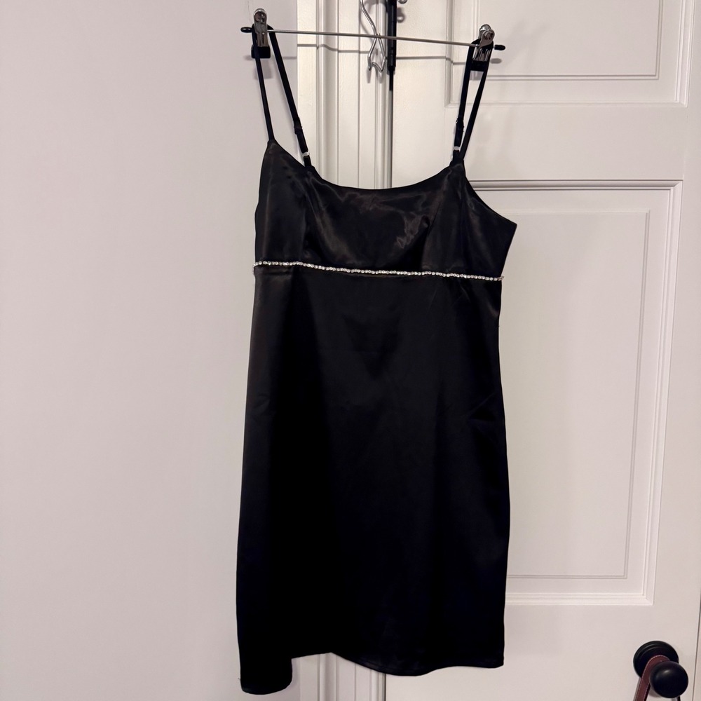 Bobbles‎ & Lace Black Satin Mini Dress M Rhinestone Trim Spaghetti Strap Y2K